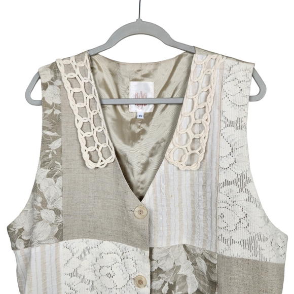 Rag Retro Vintage Quilted Patchwork Lace Burlap Vest Women's Size 1X - Picture 3 of 8